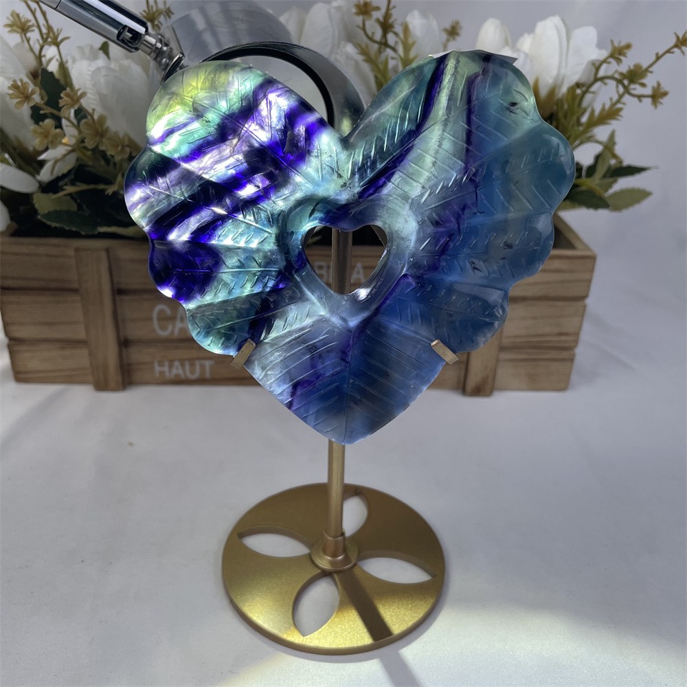 1LB 6.8″ A++Natural Rainbow Fluorite Love Wings Ornament Reiki Crystal Quartz