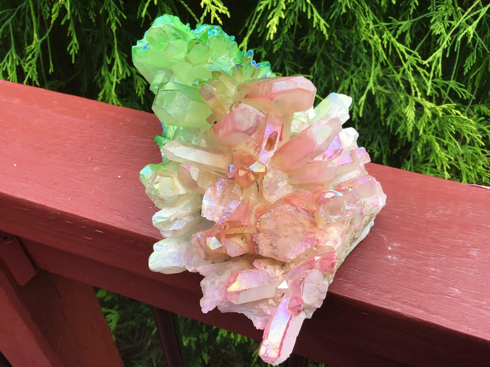 Pink & Green Aura Quartz Crystal Cluster ~ Large 2 Lb. 8 oz. ~ 8″ Long ~ Electr