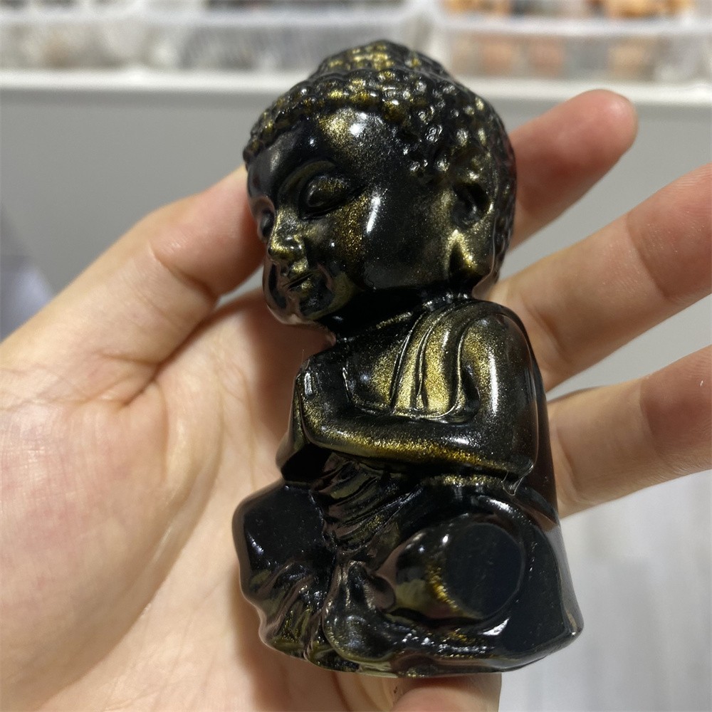 0.3LB 3.1″Natural A+Golden Obsidian Buddha Statue Crystal Reiki Carving Decor