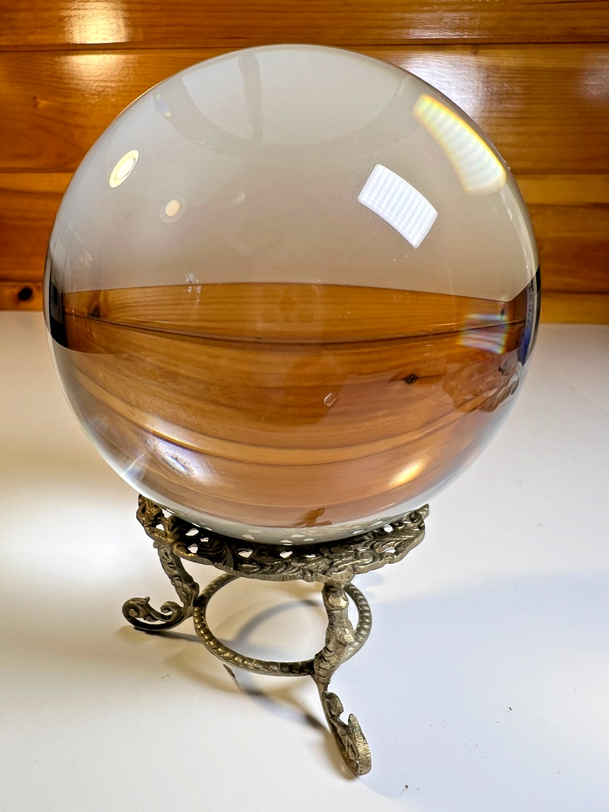 Antique Rococo Crystal Ball Ornate Brass Stand 4.75″ c 1890–1910