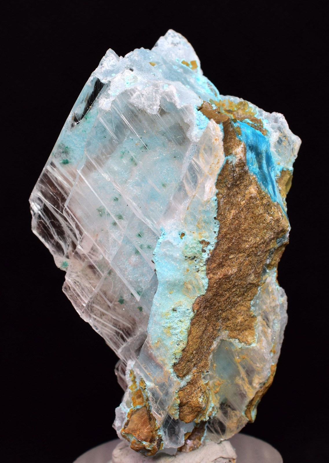 7.5cms GEM ATACAMITE INSIDE SELENITE CRYSTAL CHRYSOCOLLA LILY MINE PERU DB139