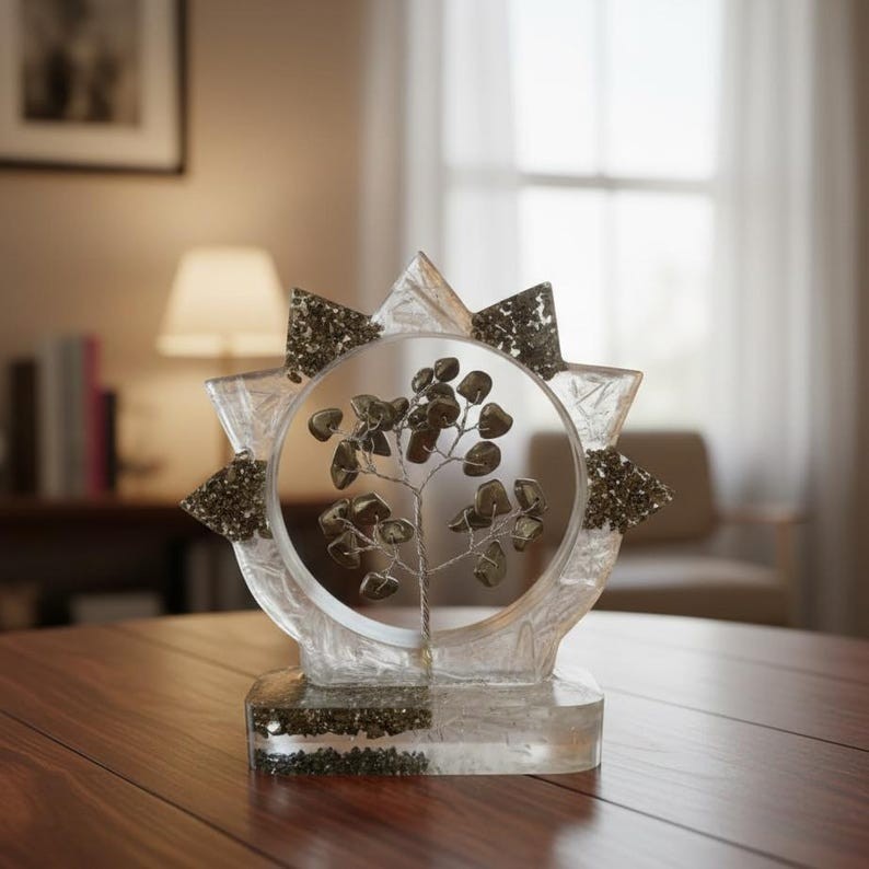 Pyrite Gemstone Tree Home Decor, Resin Circle Window with Pyrite Chip Bonsai