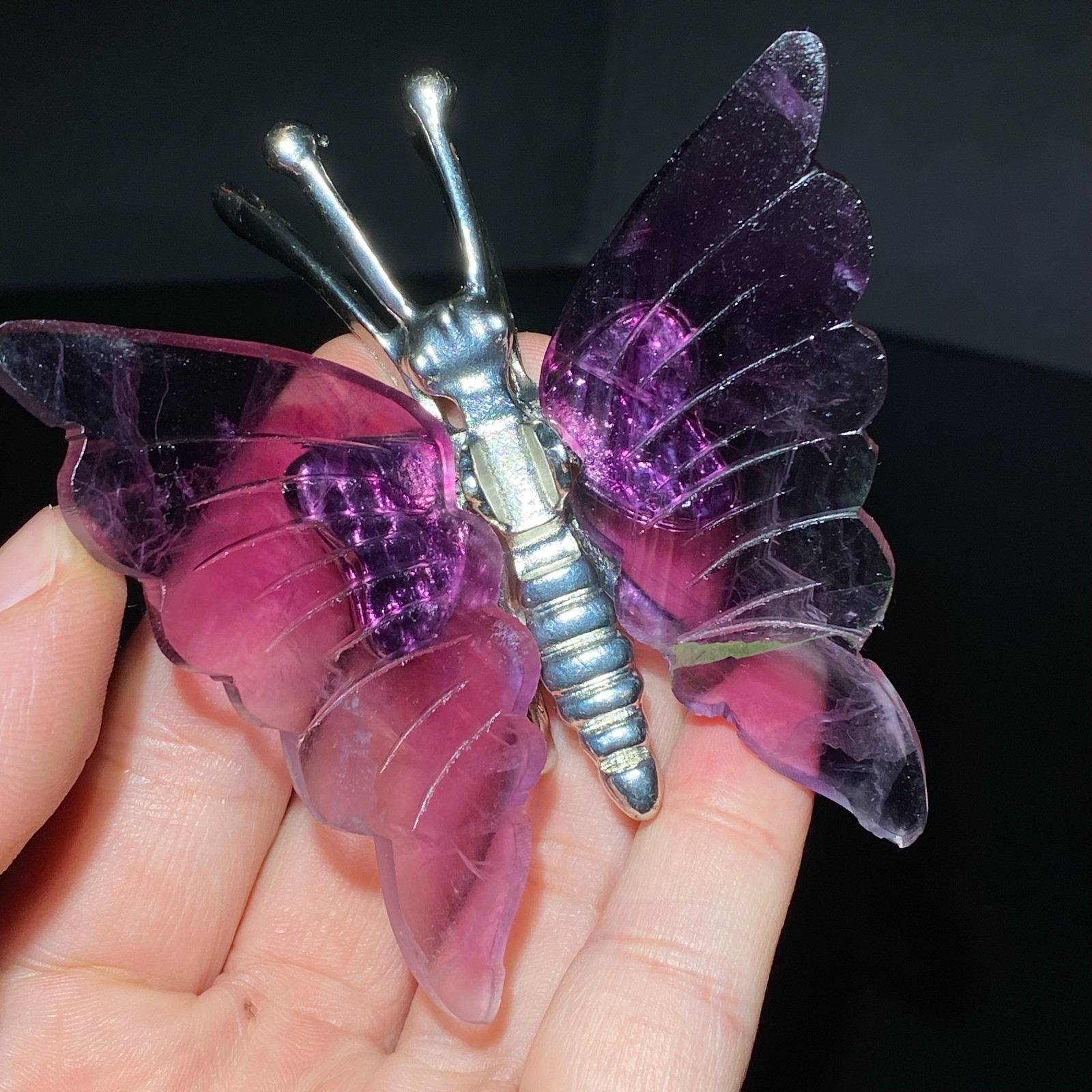 Natural Crystal Fluorite Butterfly Wings Healing Statue Decor + Stand