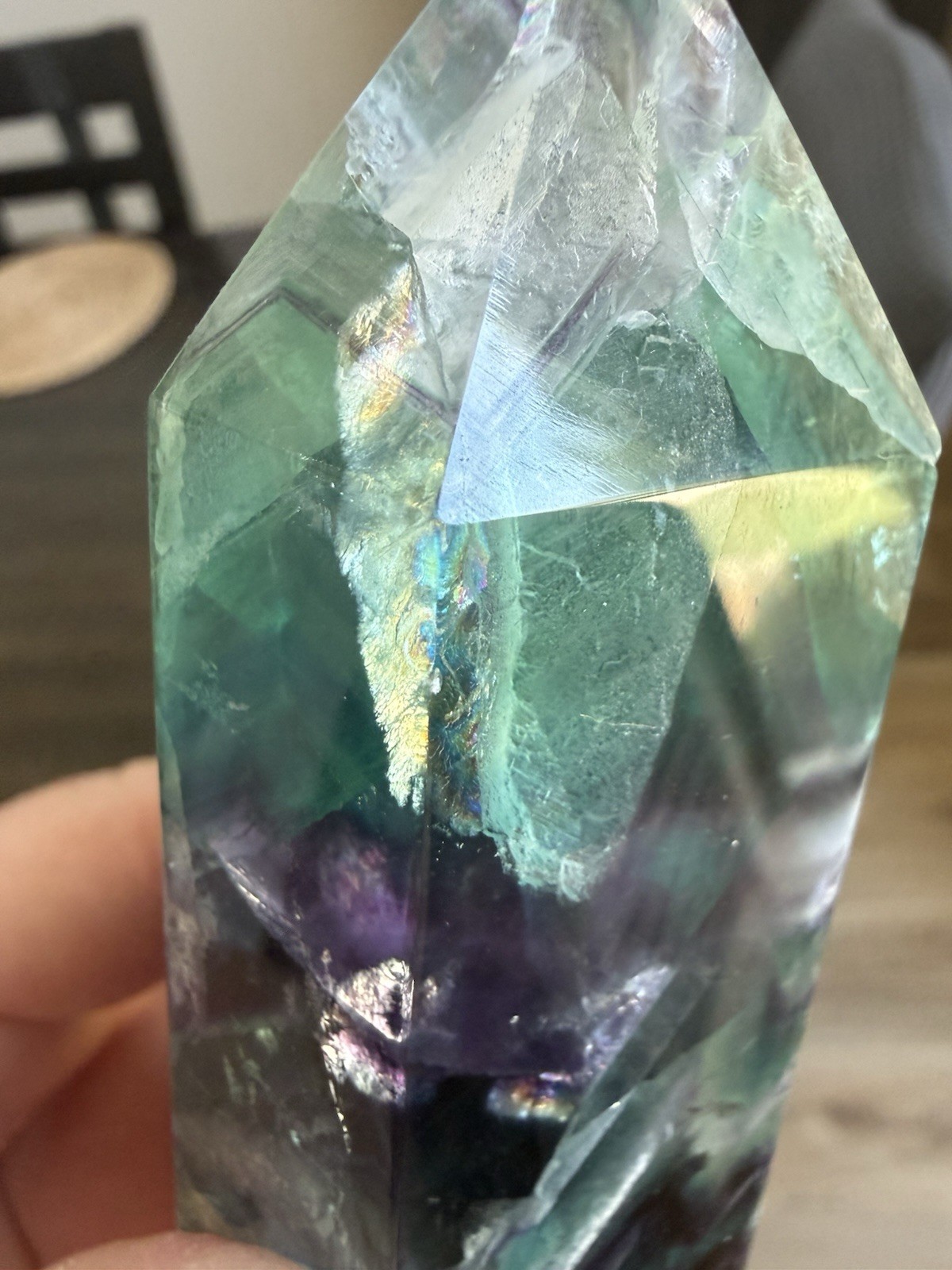 HQ Chevron Rainbow Fluorite Crystal Tower Purple Blue Green 4inch Tall Clear