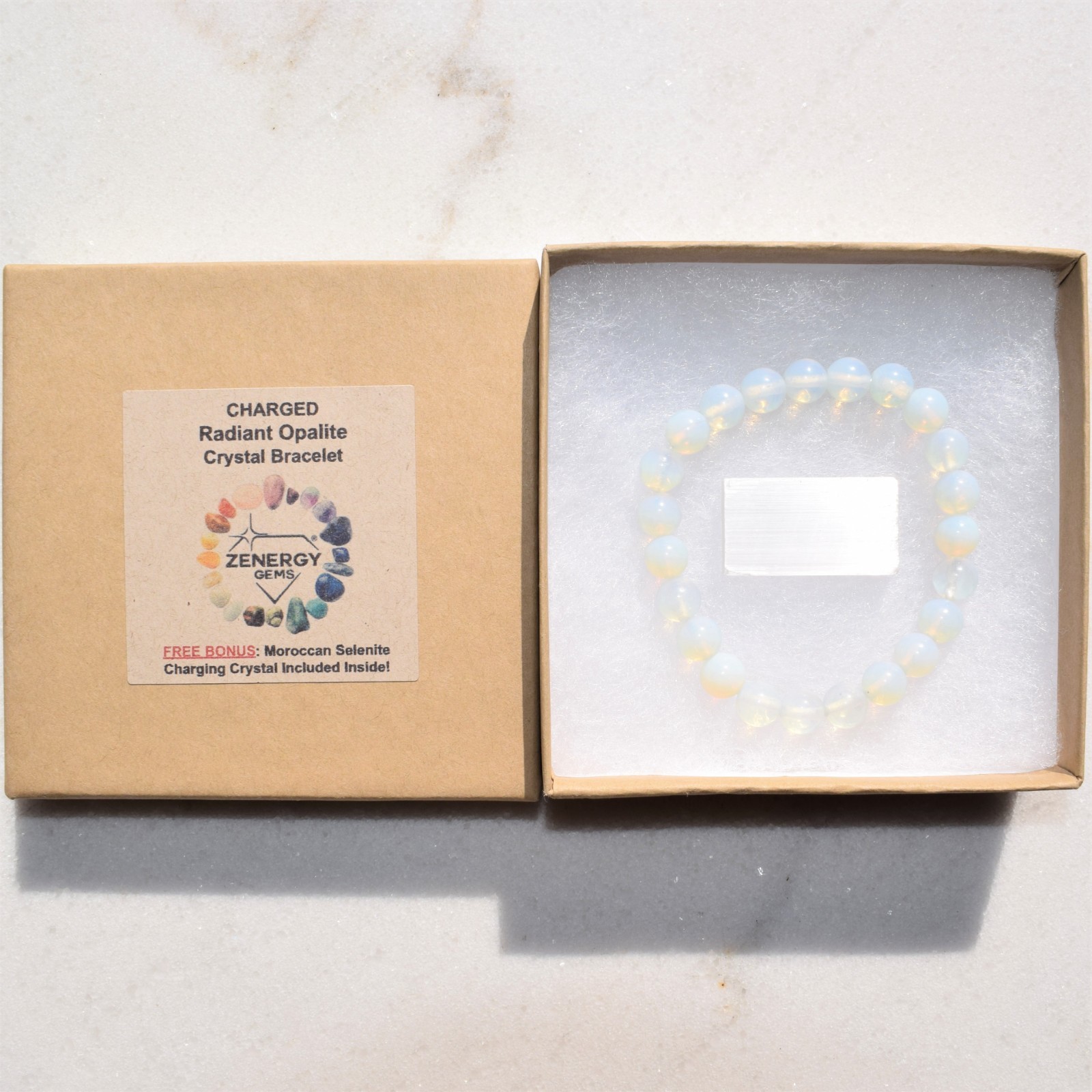 CHARGED Radiant Opalite Crystal 8mm Stretchy Bracelet + Baby Selenite Heart