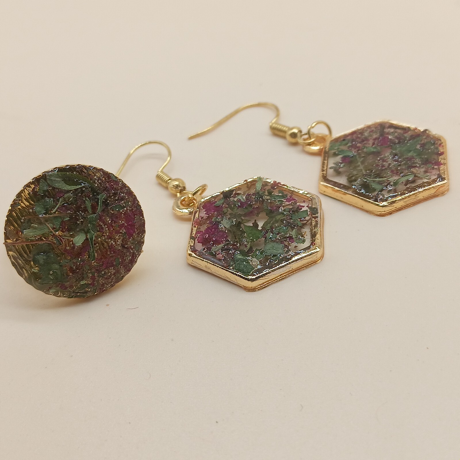 Hexagonal Botanical Resin Jewelry Trio
