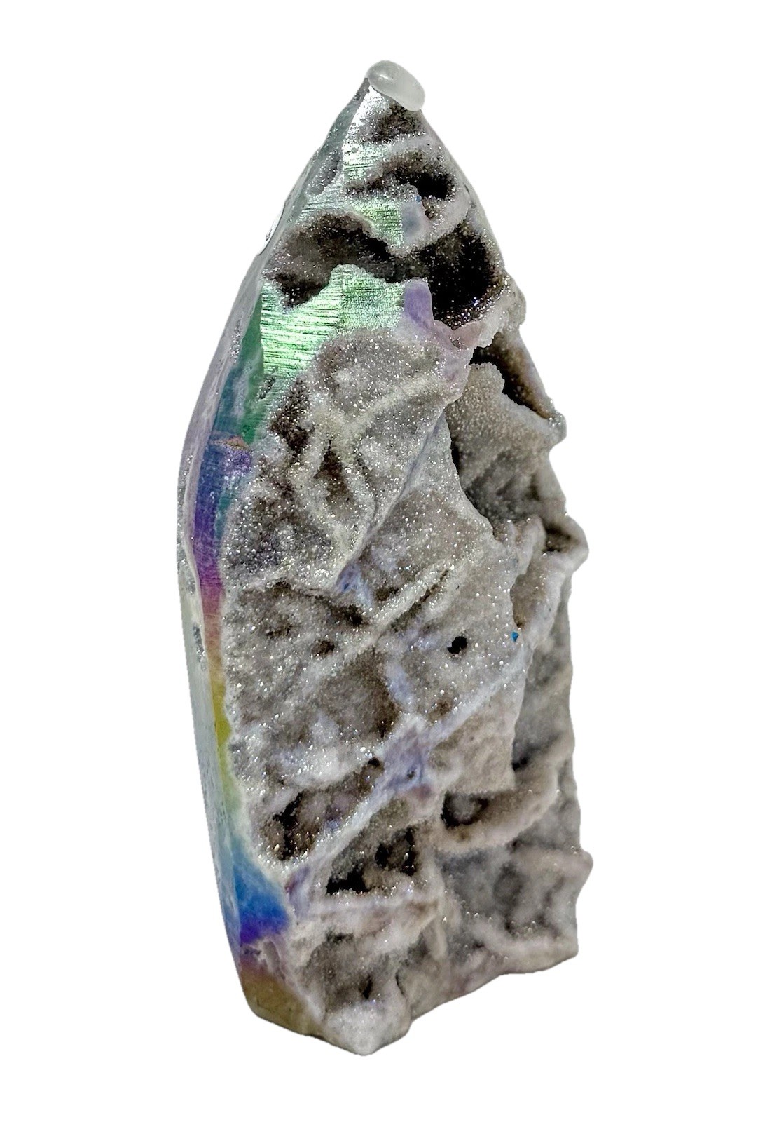 4” Aura Sphalerite Crystal Teardrop Freeform With Sugary Sparkling Druzies