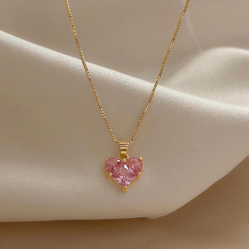 Women’s Fashion Jewelry Gold Pink Rhinestone Heart Pendant Necklace Gift 1PC