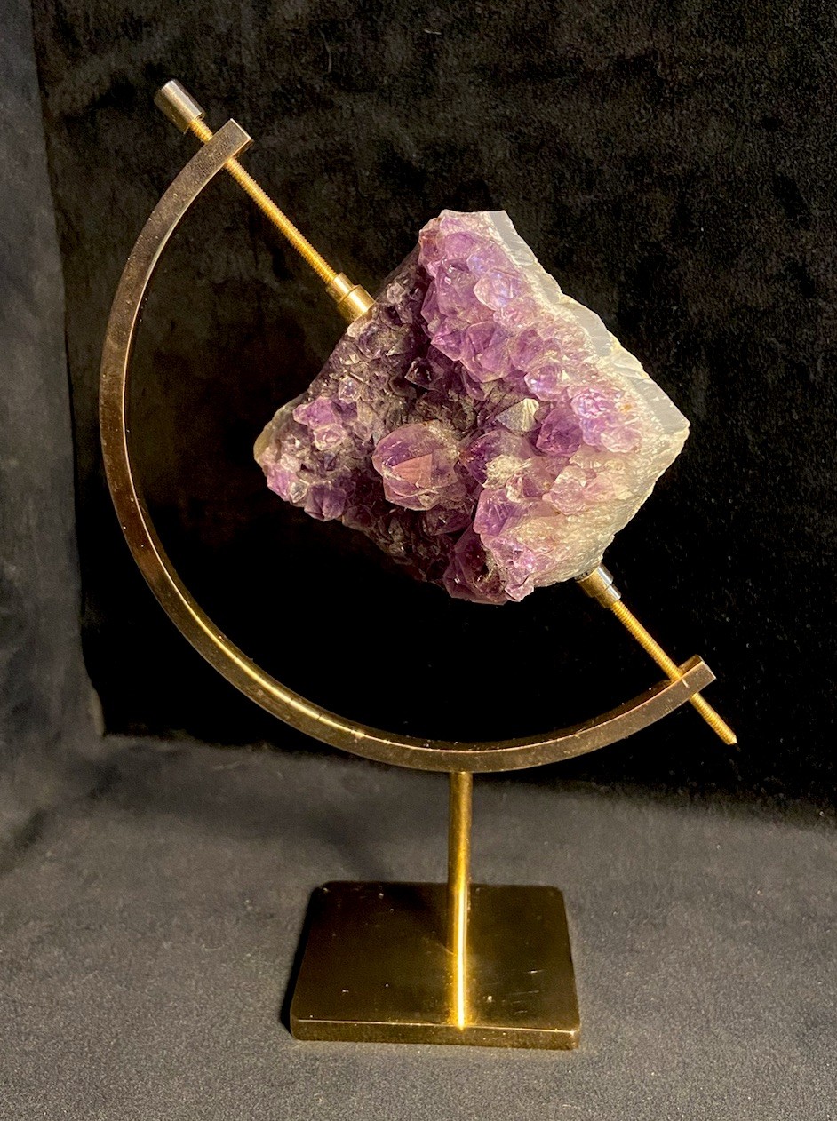 7.7oz Natural Purple Amethyst Cluster In Gold Toned Caliper Standing Display