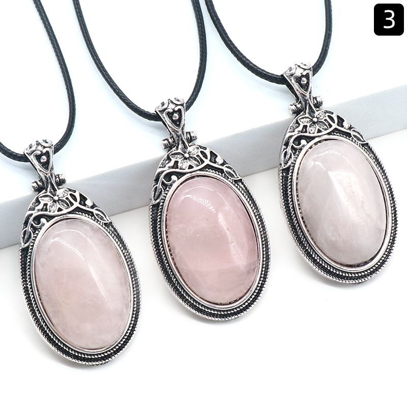 Crystal Agate Alloy Inlaid Gemstone Pendant Oval Stone Necklace 1pc