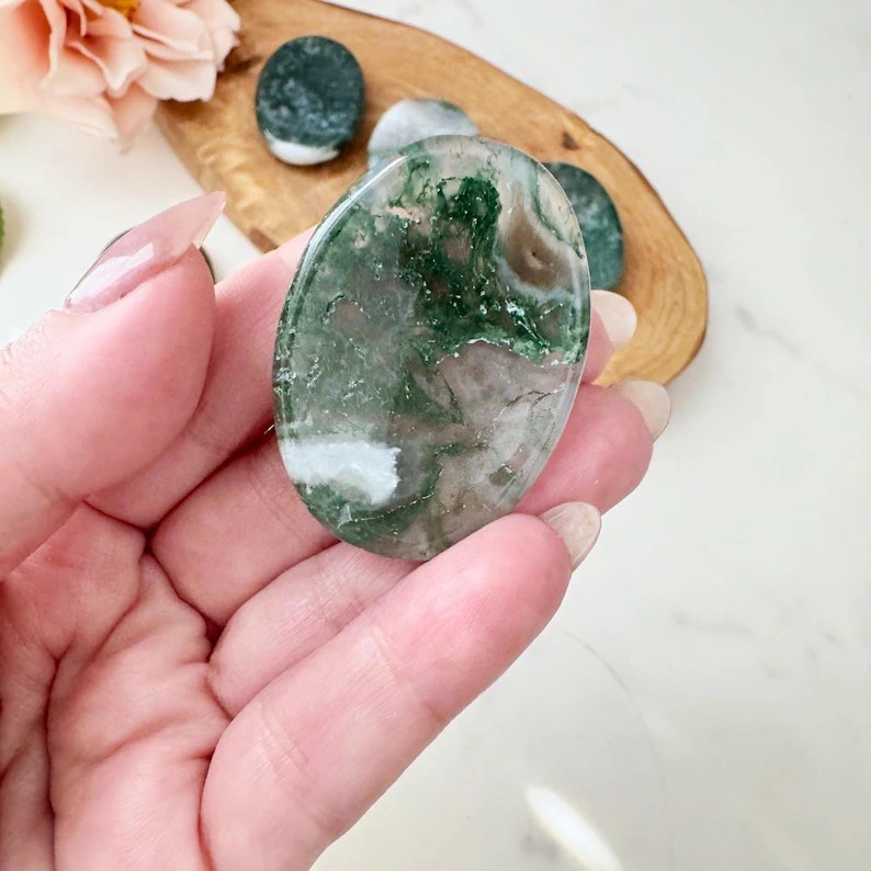 Moss Agate Polished Palm Pocket Worry Stone for Healing Anxiety Relief Balance