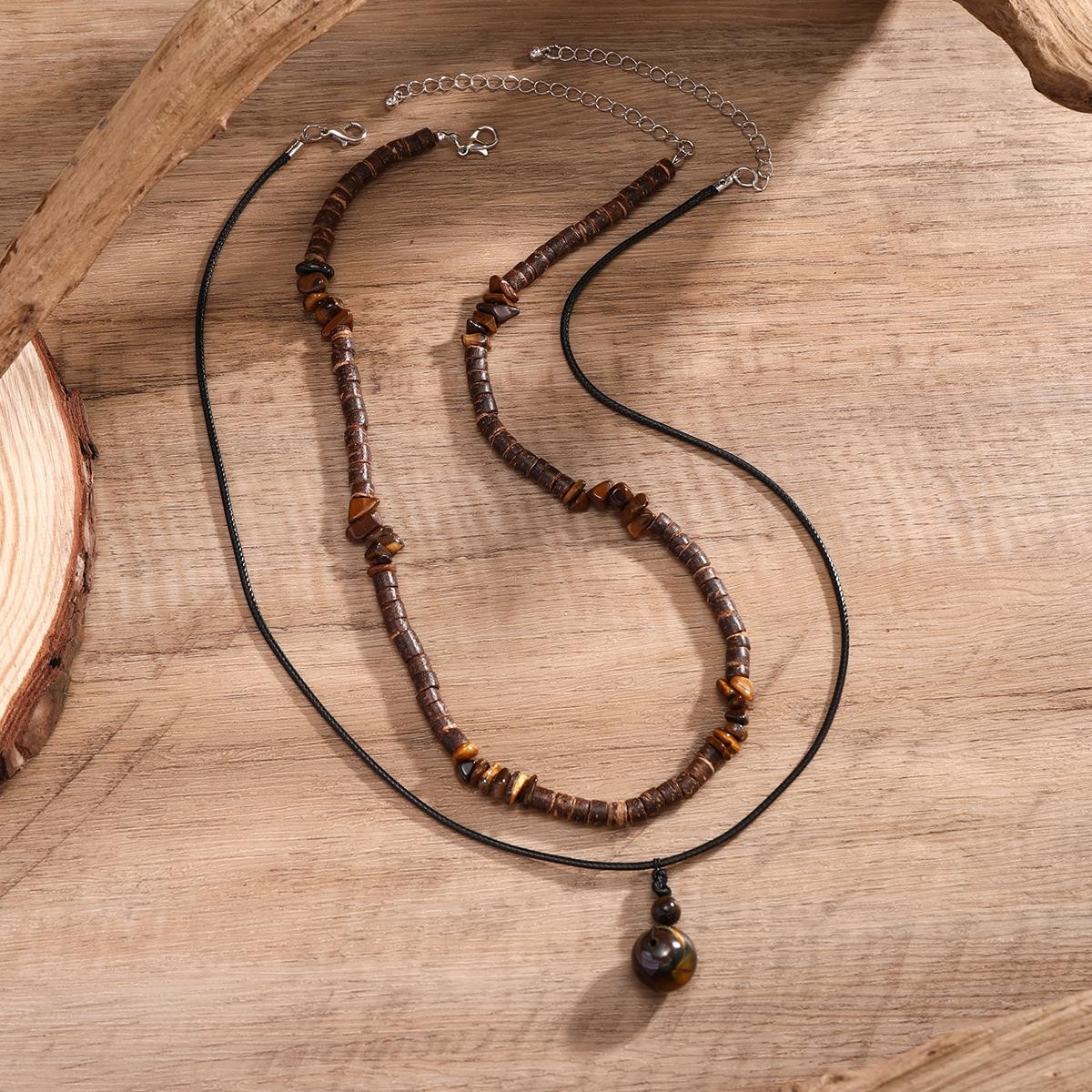 Kunjoe 2pcs Natural Stone Pendant Necklace Vintage Wood Beads for Men