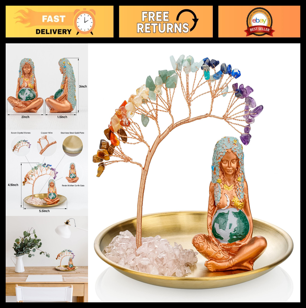7 Chakra Healing Crystal Tree – Ceramic Mother Earth Decor, Yoga Gifts, Zen Home
