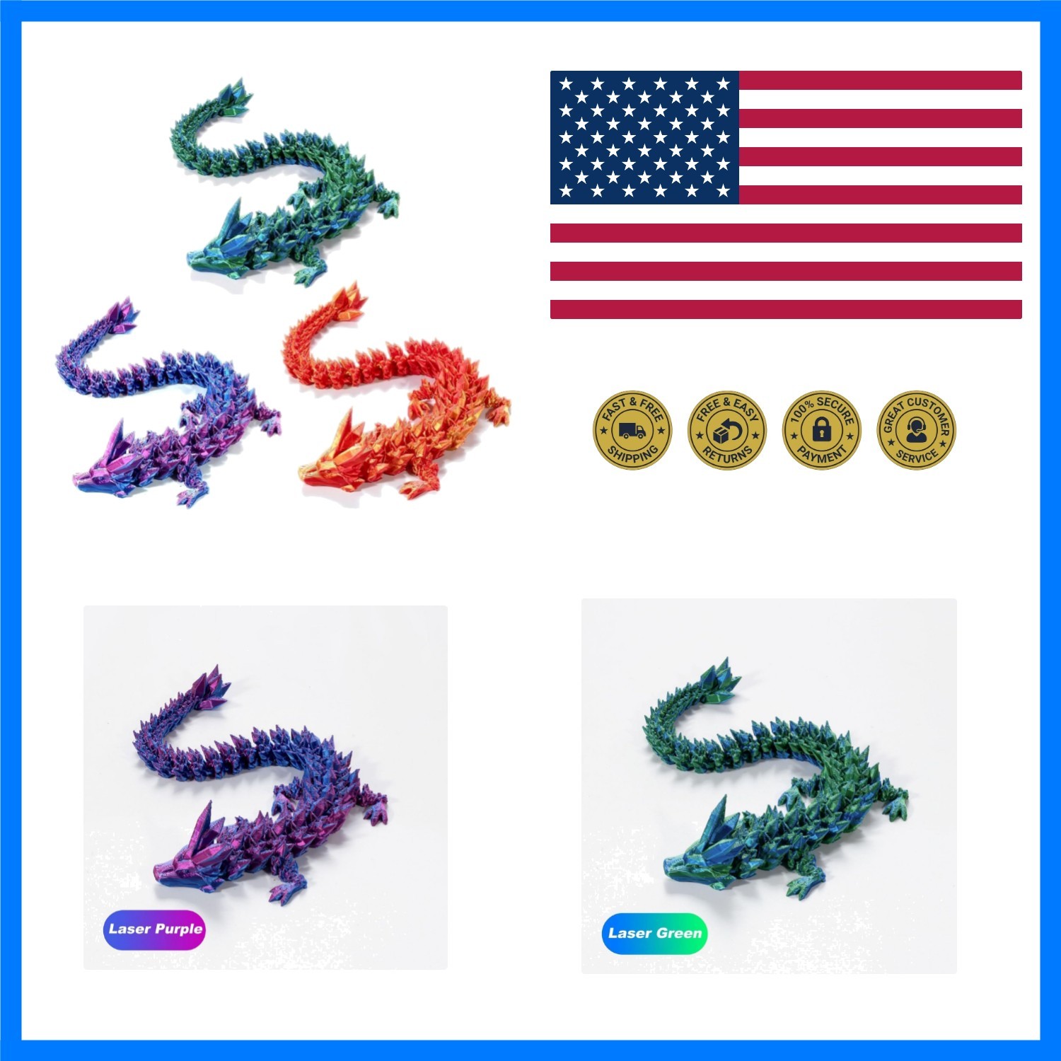 3D Printed Crystal Dragon 12In 3Pcs-Perfect Basket Essentials Stuffers, 3D Pr…