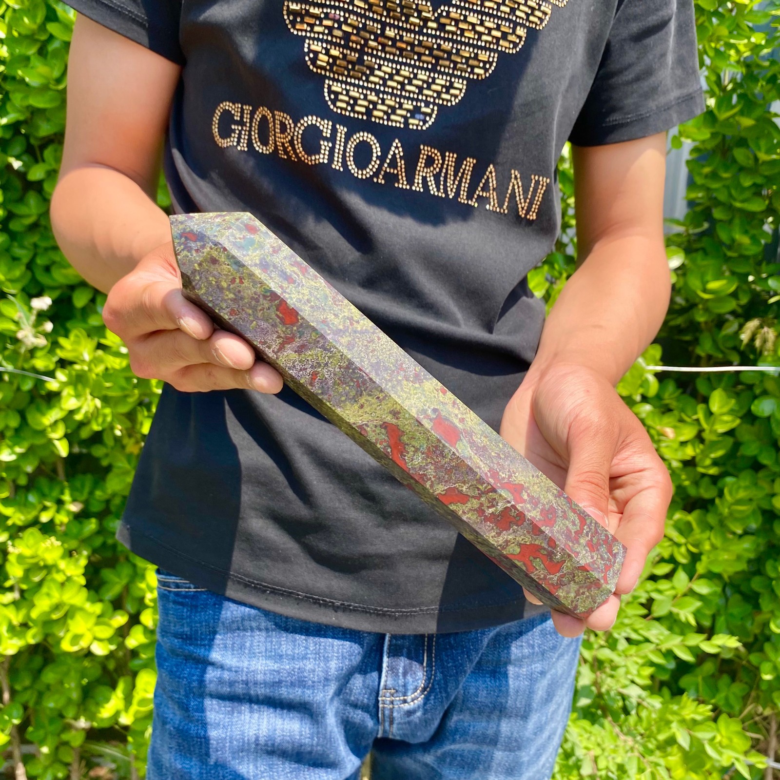 1.82LB Natural dragon’s blood stone obelisk quartz crystal column restoration