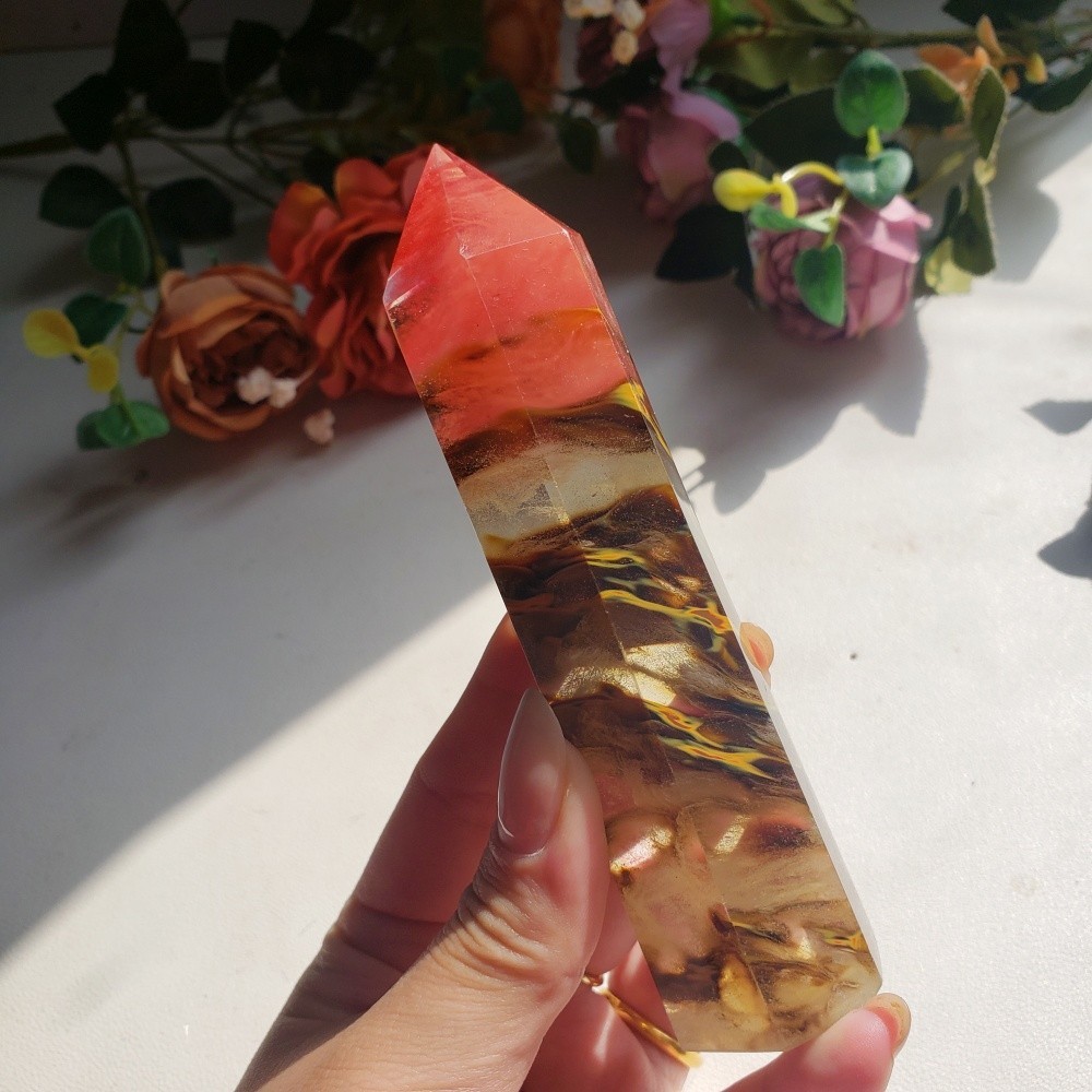 Wholesale Tiger Skin Obelisk Six Sided Polished Crystal Tower Smelt Point Decor