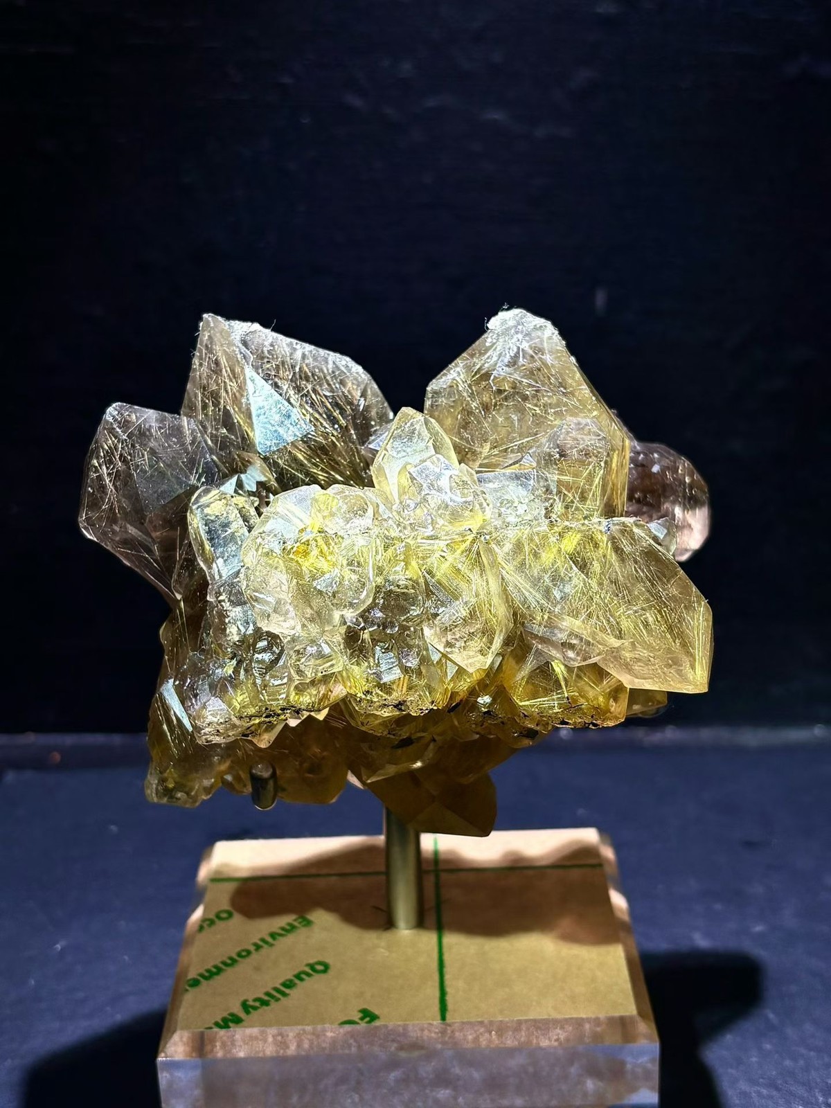 2.9LB Top！Natural Gold Rutilated Crystal Cluster Quartz Mineral Specimen+stand