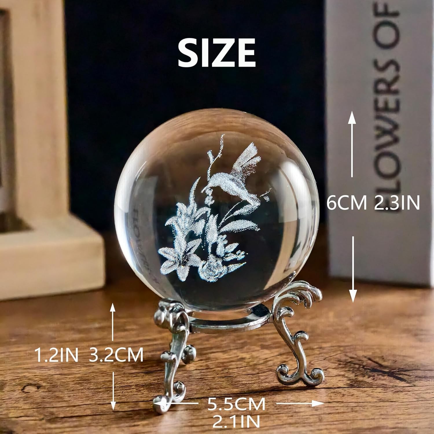 2 Crystal Balls and 2 Silver Stands – 1 Clear Ball and 1 3D Engraved Hummingbird