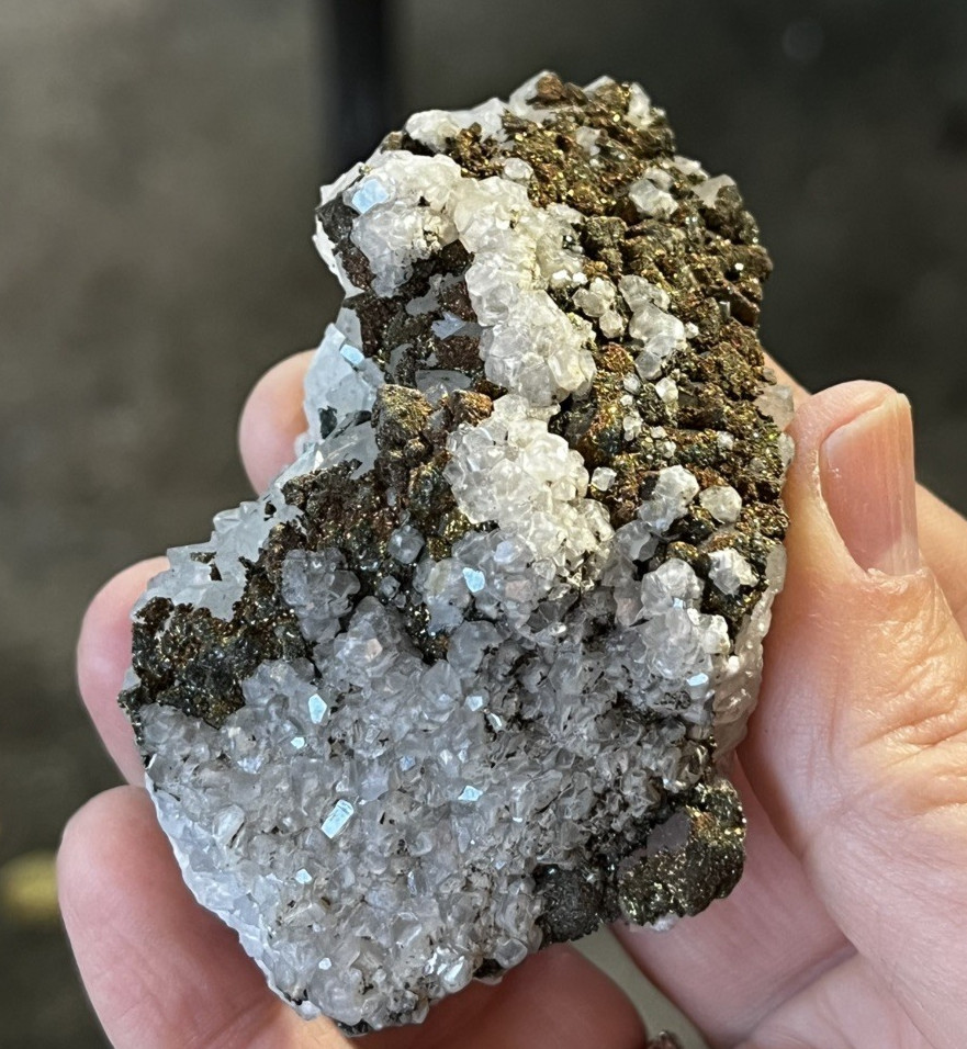 Mixed Calcite & Chalcopyrite on Green Fluorite Druzy Mineral Specimen 3.5 oz