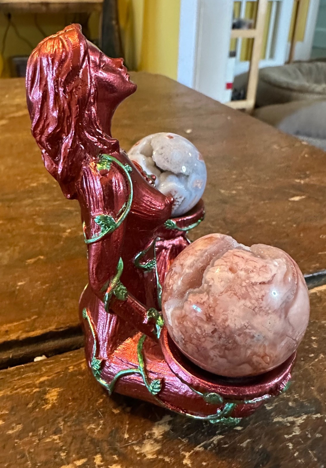 Two pink amethyst druzy spheres and “earth mother” resin stand Free shipping