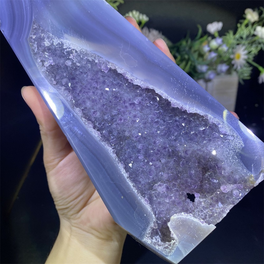 1.7LB 8.7″Natural A++Druzy Amethyst Obelisk Crystal Reiki Tower Quartz Decor