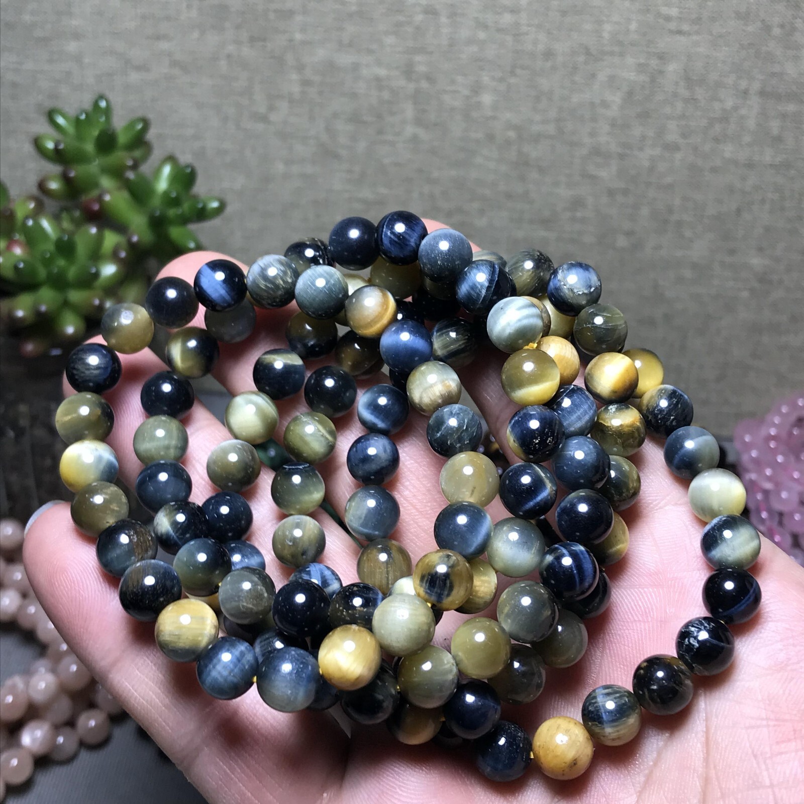 5Pcs Wholesal Natural Polish yellow Blue Tiger eye bracelets Crystal ball 8mm