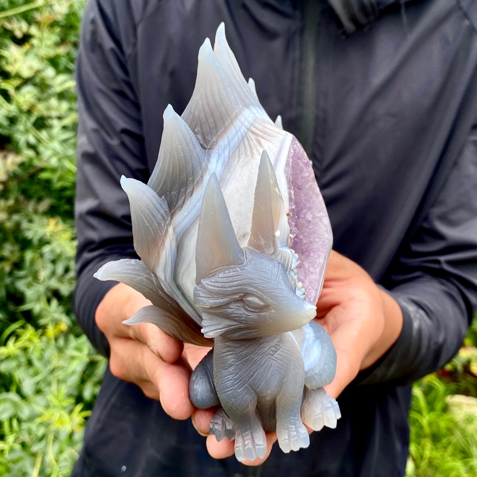 2LB Natural Amethyst Geode Hand Carved Nine-tailed Fox Quartz Crystal Decor