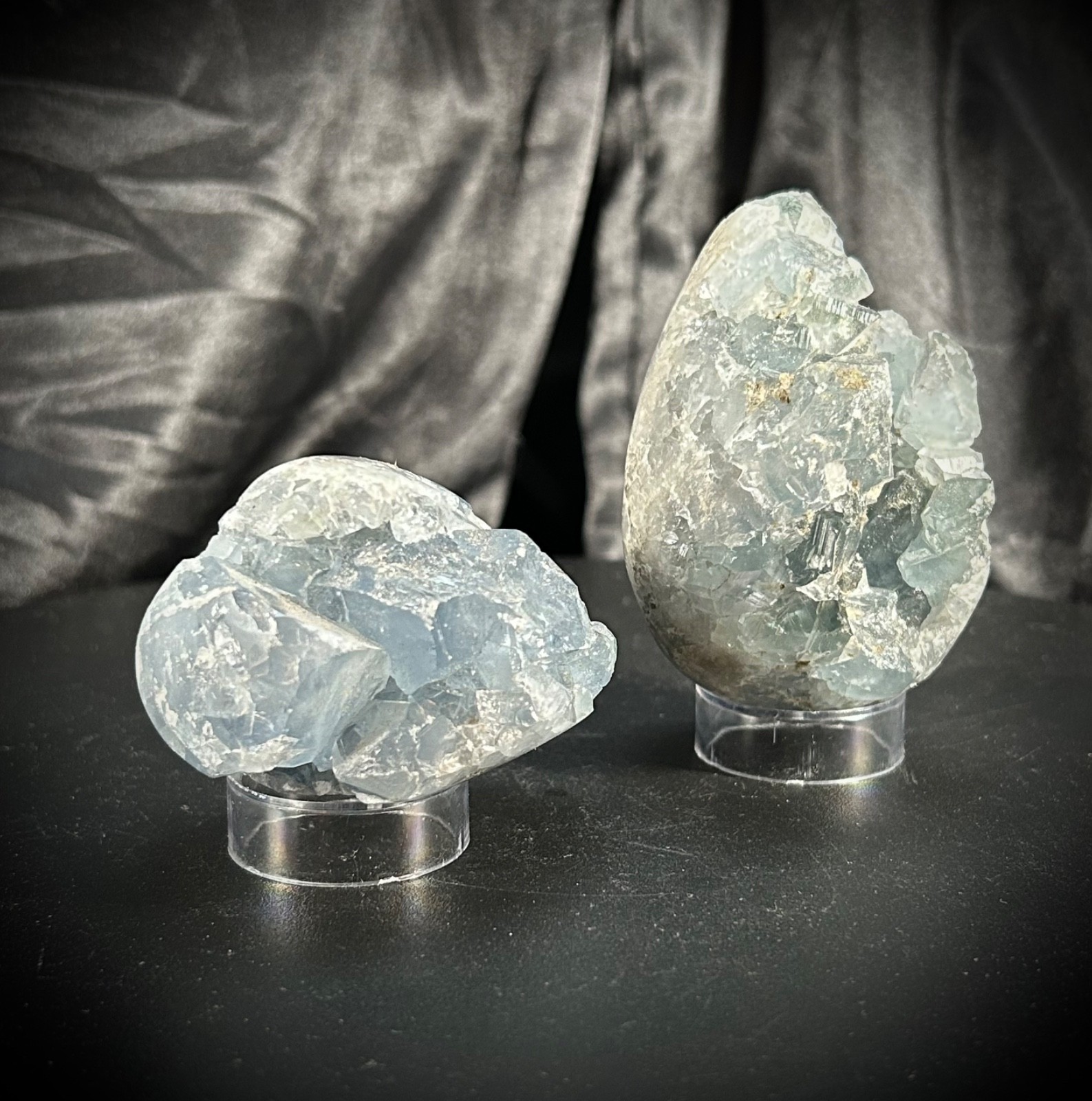 Pair of Celestite Freeform Specimens with Clear Acrylic Stands 1lb 5.8oz