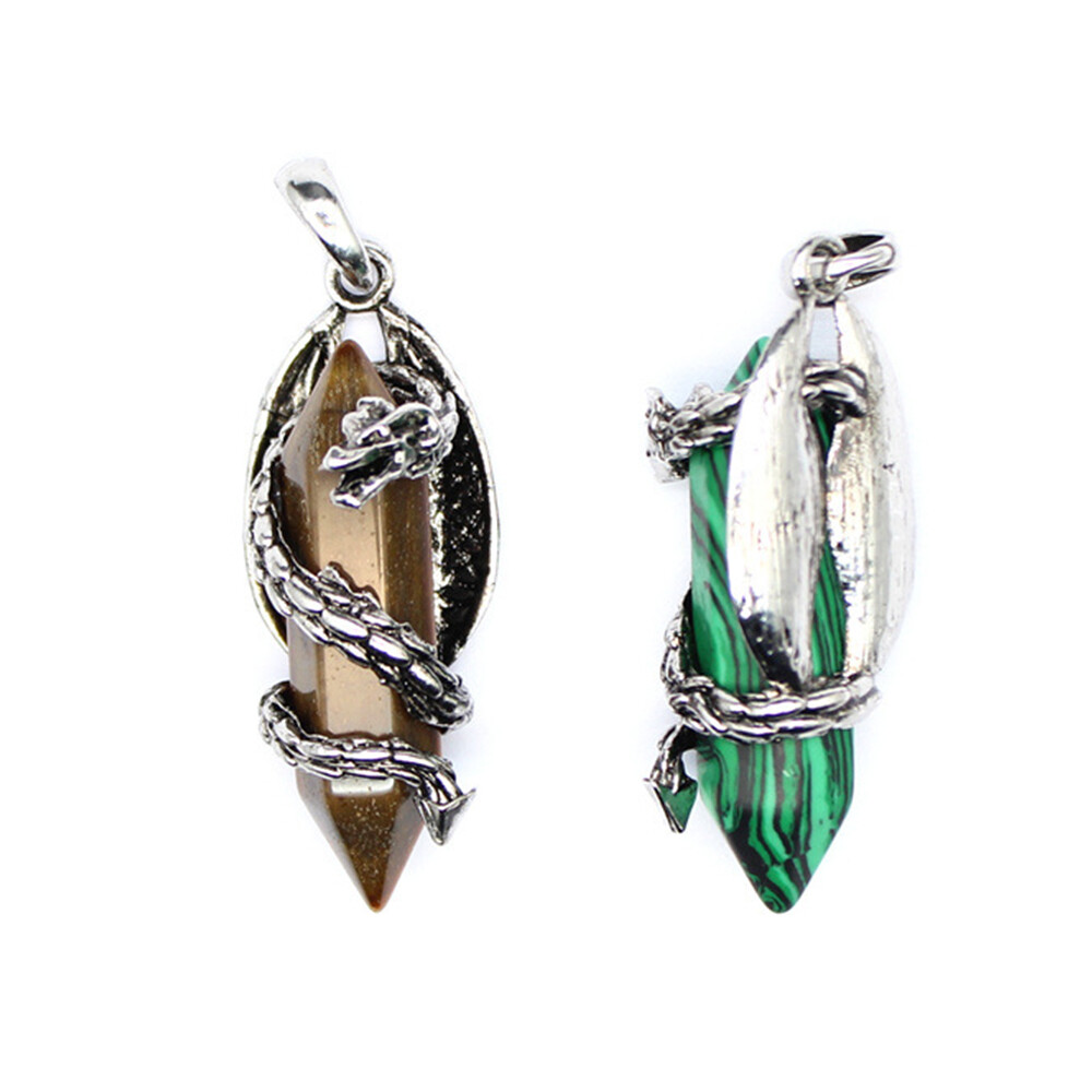 Natural Chakra Crystal Quartz Dragon Pendant Double Pointed Hexagon Column Stone