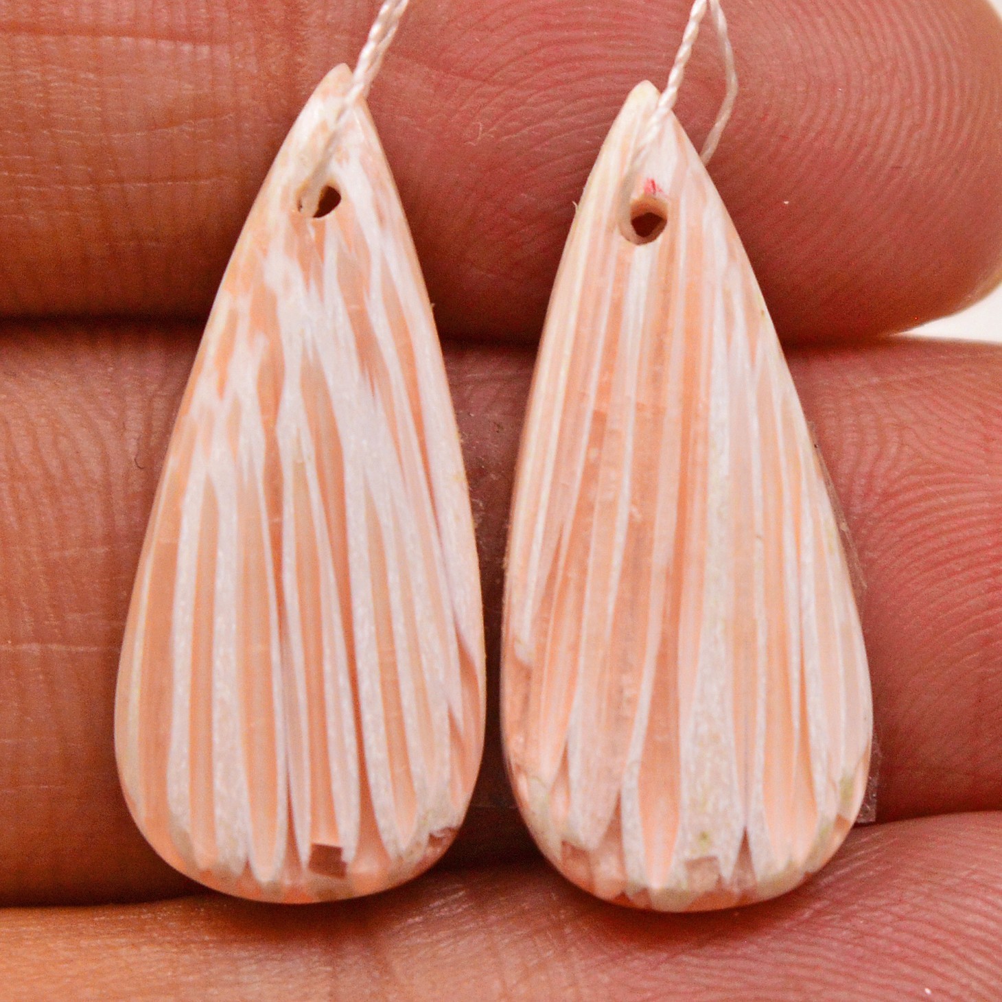 11Cts Natural Pink Scolecite Pair Cabochon Front Drill Earrings 22x8mm #P3214