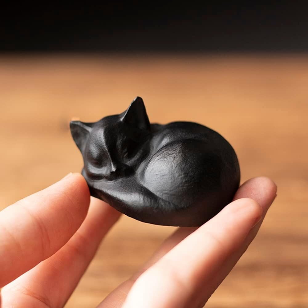 Obsidian Sleeping Cat Lover Crystal Carving Statute Figurine Healing Decor Gift