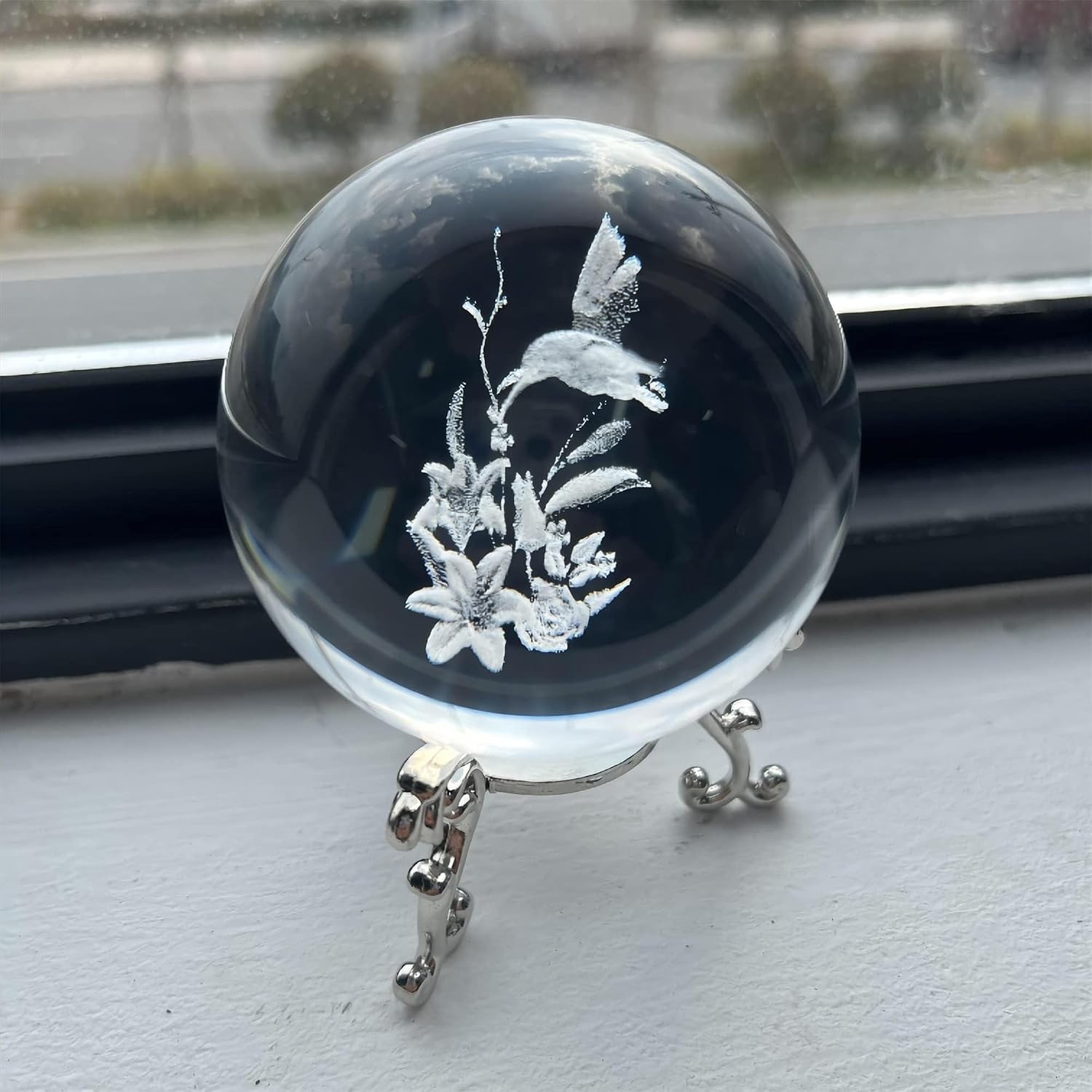 Exquisite 60mm Hummingbird Crystal Sphere with Metal Stand – Feng Shui Decor
