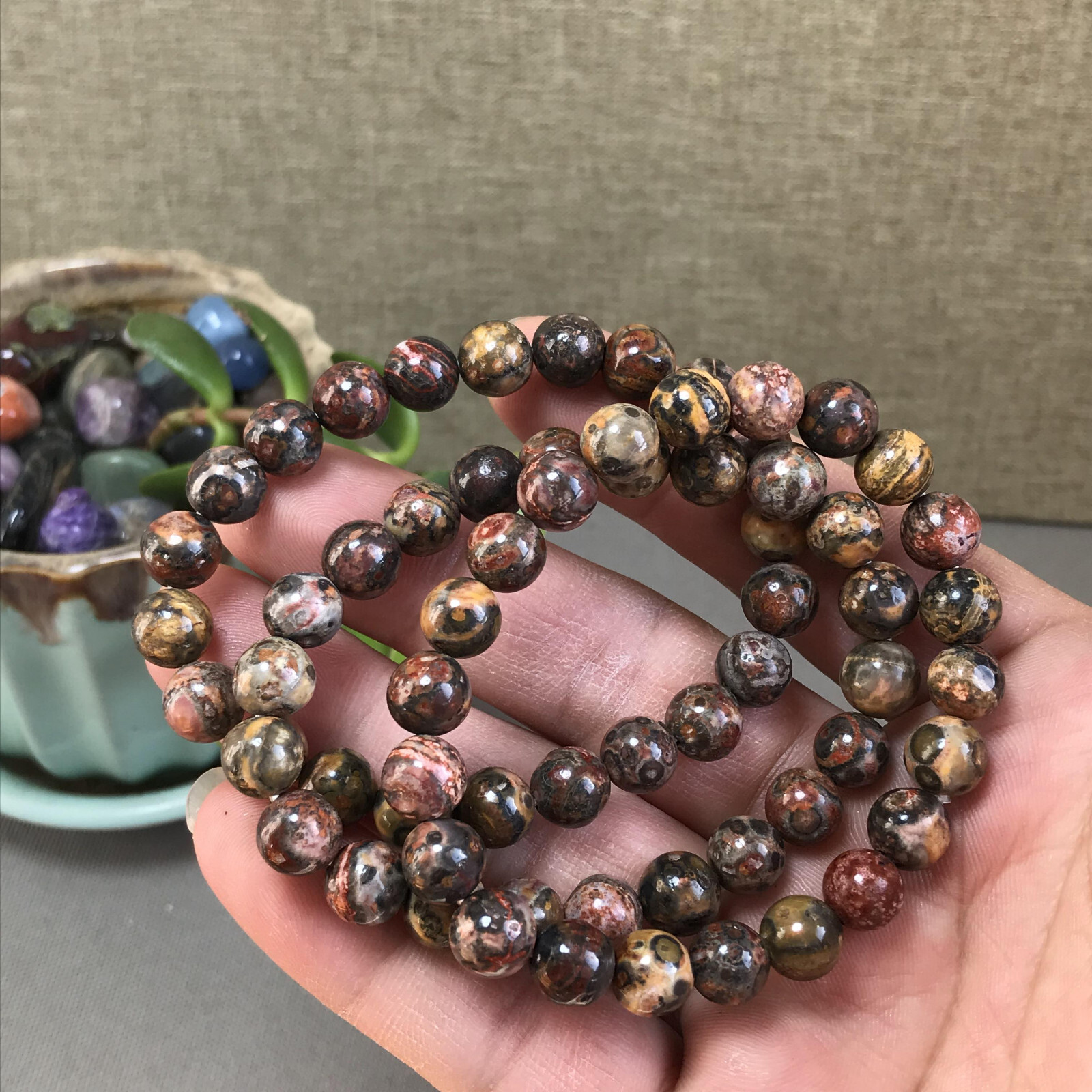 5Pcs Wholesal Natural Polish Leopard stone bracelets Crystal ball sphere 8mm