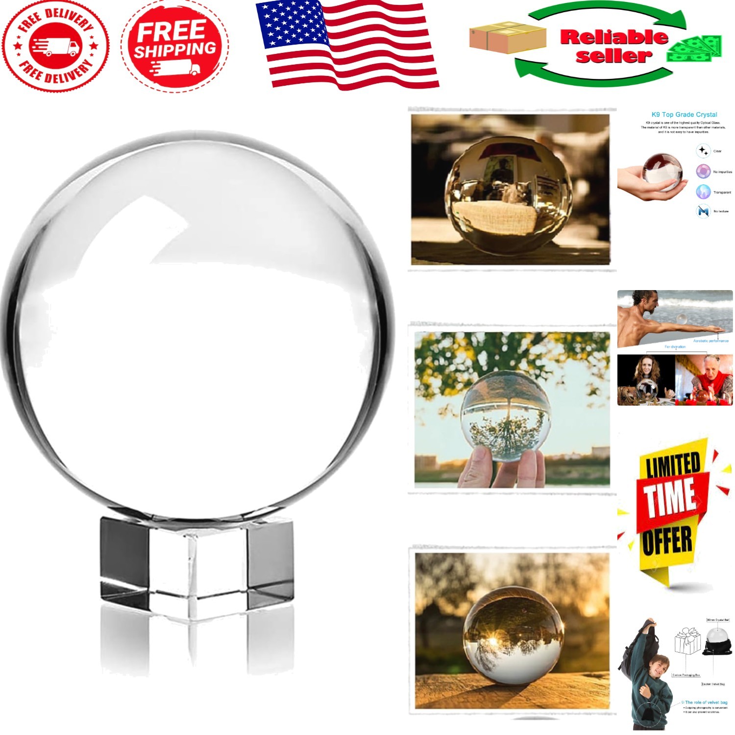 Art Deco K9 Crystal Sphere 80mm with Stand – Ideal for Stunning Photography