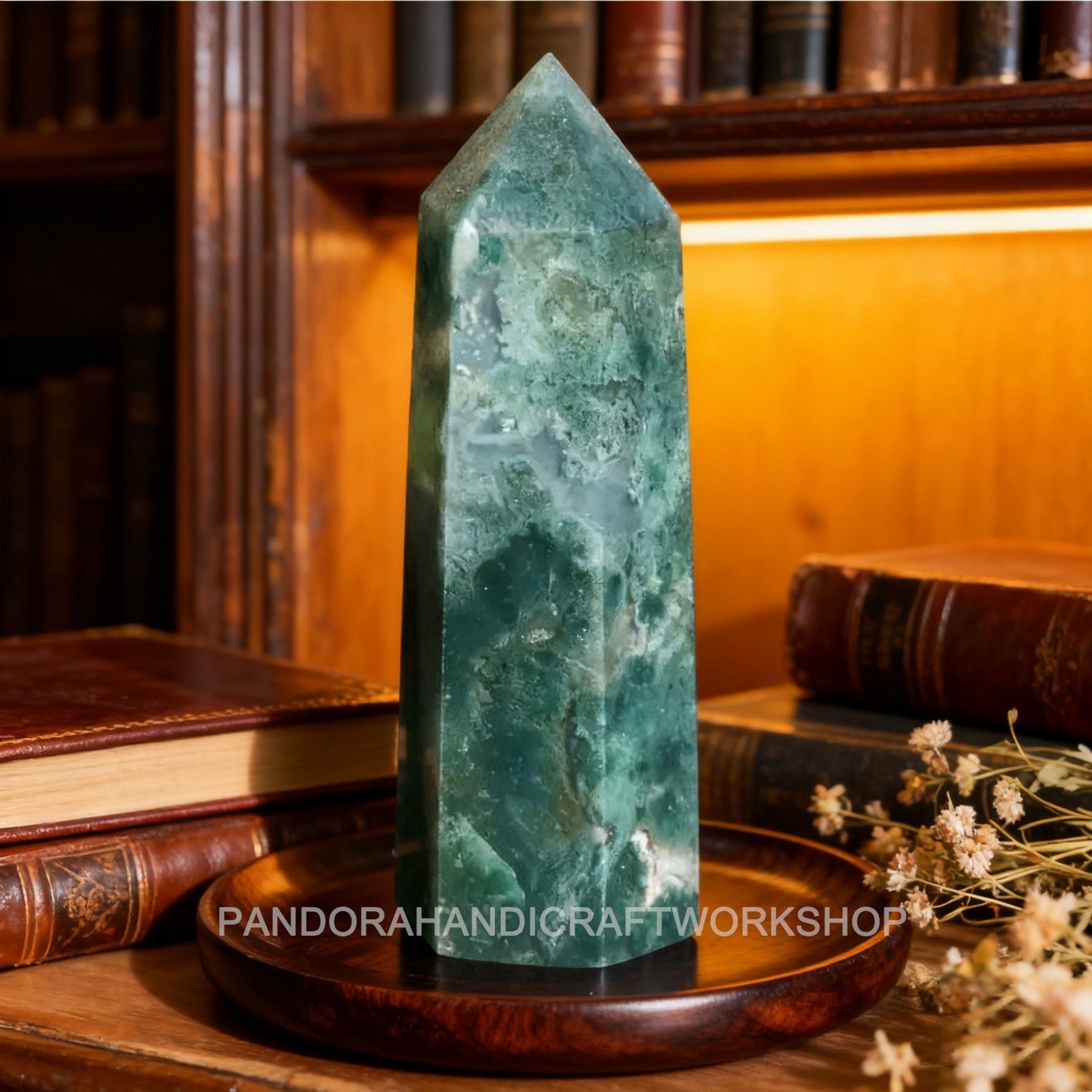Moss Agate Crystal Tower Point Healing Crystal Obelisk Green Gemstone Tower Wand