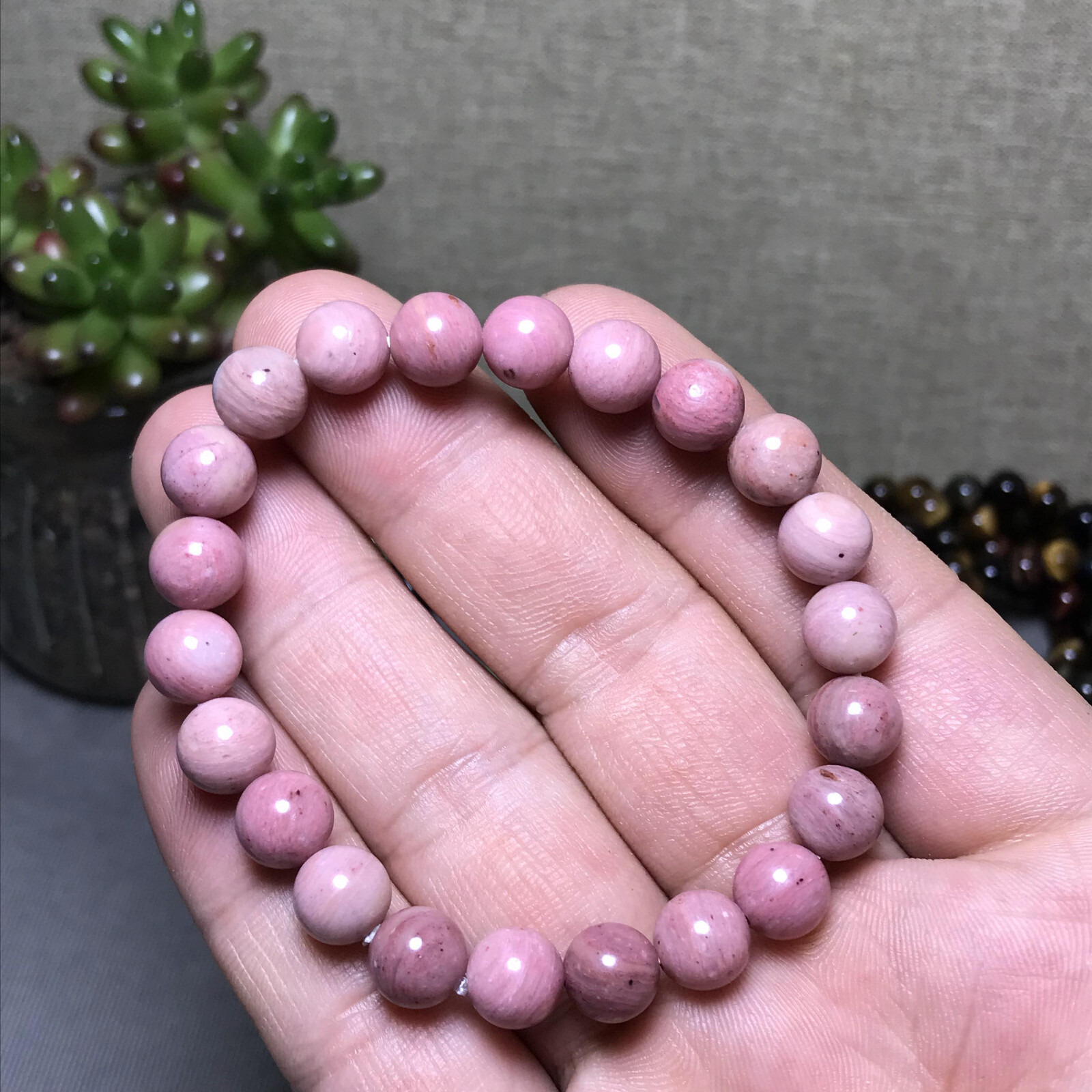 5Pcs Wholesal Natural Redwood pattern Pink bracelets Crystal ball sphere 8mm