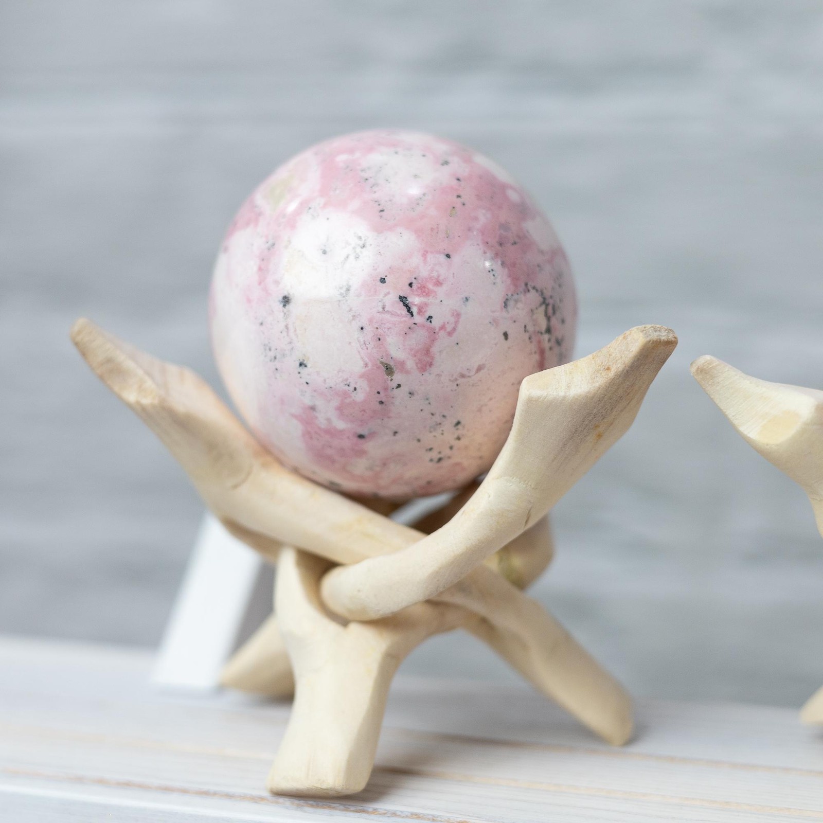 Rhodonite Sphere with Stand Pink White Crystal Ball Natural Stone Specimen Gift