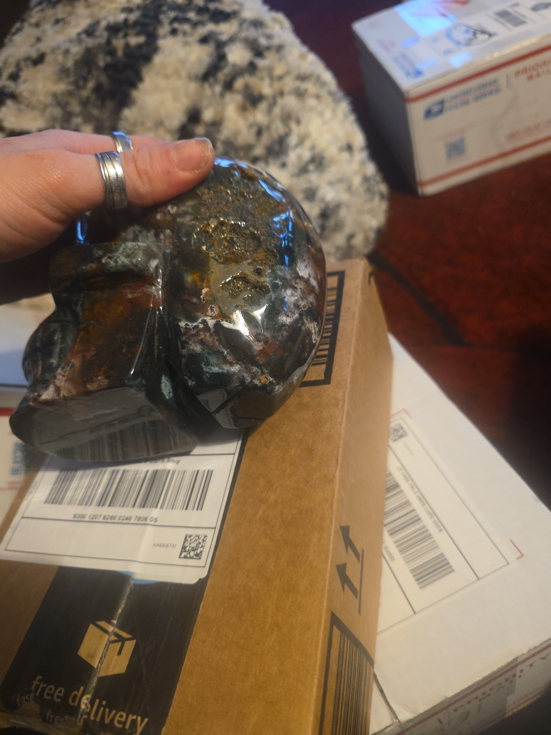 Huge Moss agate Human Skull, Giant, Massive Carving, With Druzy, Red And Greens