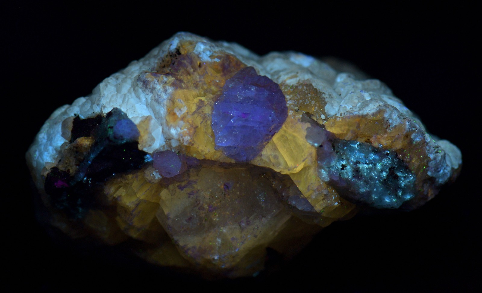 Calcite, Fluorite, Sphalerite specimen, UV. Cave-in-Rock, Illinois. 224 grams.