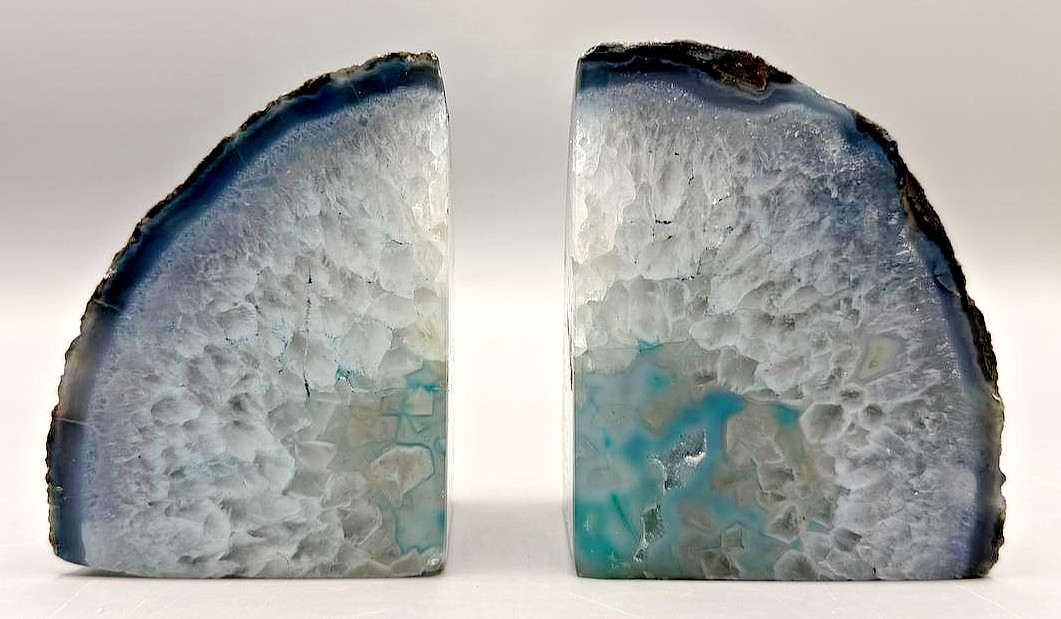 Natural Blue Agate Geode Bookends Pair 6 in Polished Crystal Stone Heavy Decor