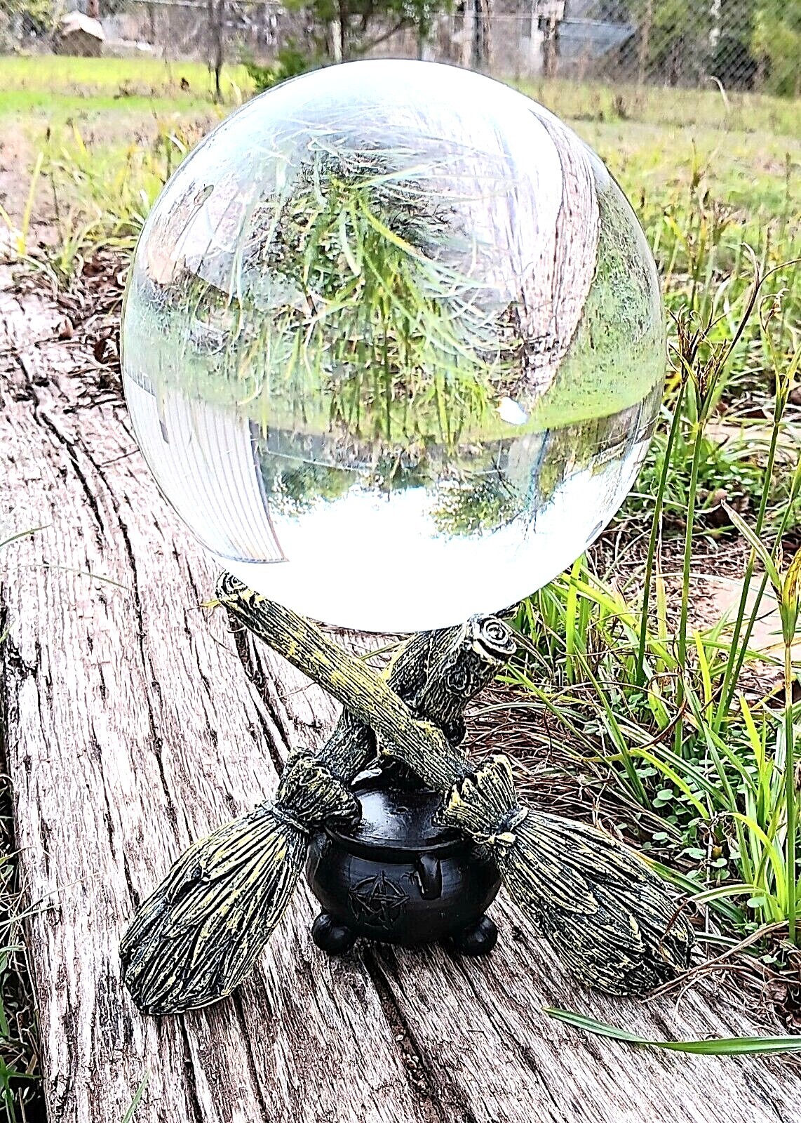 K9 Clear Crystal Ball with Witch Broomstick & Cauldron Stand 4 sizes