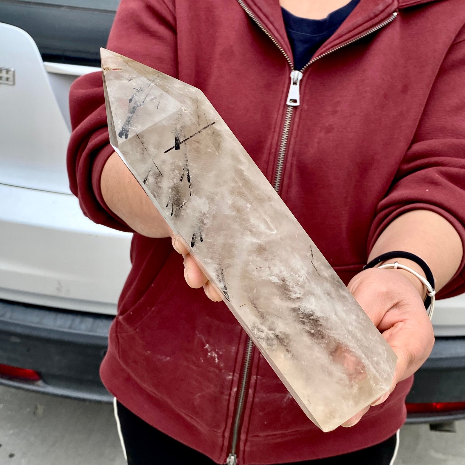 3.5LB Natural Black Hair Quartz Obelisk Crystal Energy Point Wand Reiki Decor