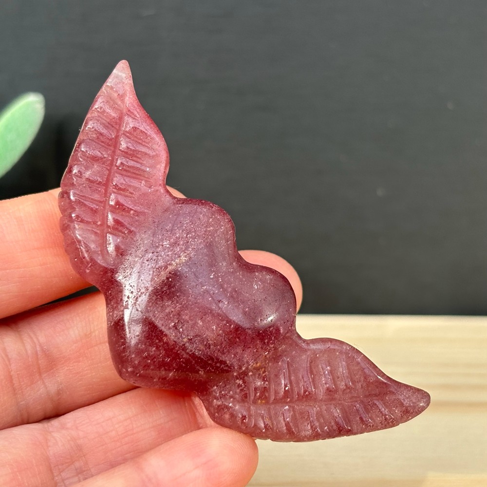 Natural Strawberry Quartz Love Wings Skull Carved Crystal Skull Reiki Healing