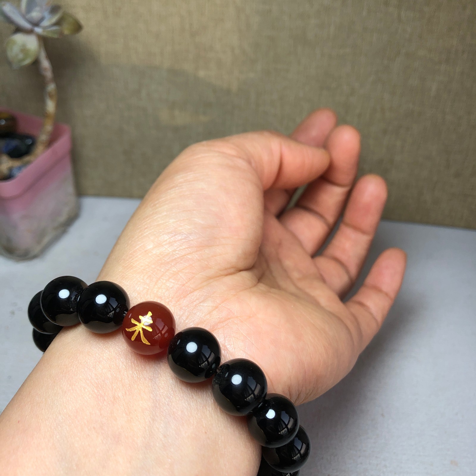1pcs wholesale Natural Black Obsidian Crystal chain beads bracelet 12mm A2790