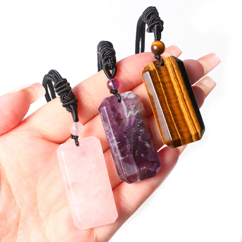 Natural Crystal Rectangle Necklace Chakra Stone Square Bead Pendant Healing Gift