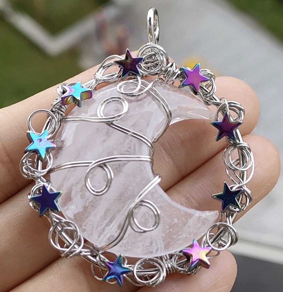 (1) Rock Quartz Gems Moon & Star Pendant, Magic, Reiki Healing ,Chakra Amulet