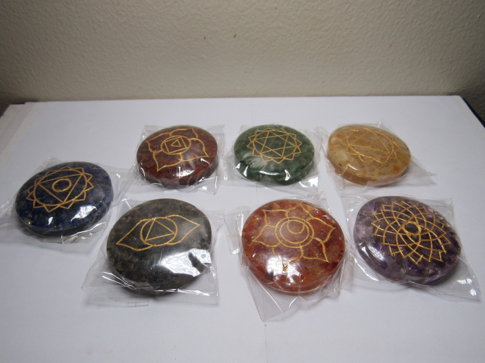7 Chakra Round Orgone Smooth Stone Set With Engraved Chakra Symbols, 1.6 Inch