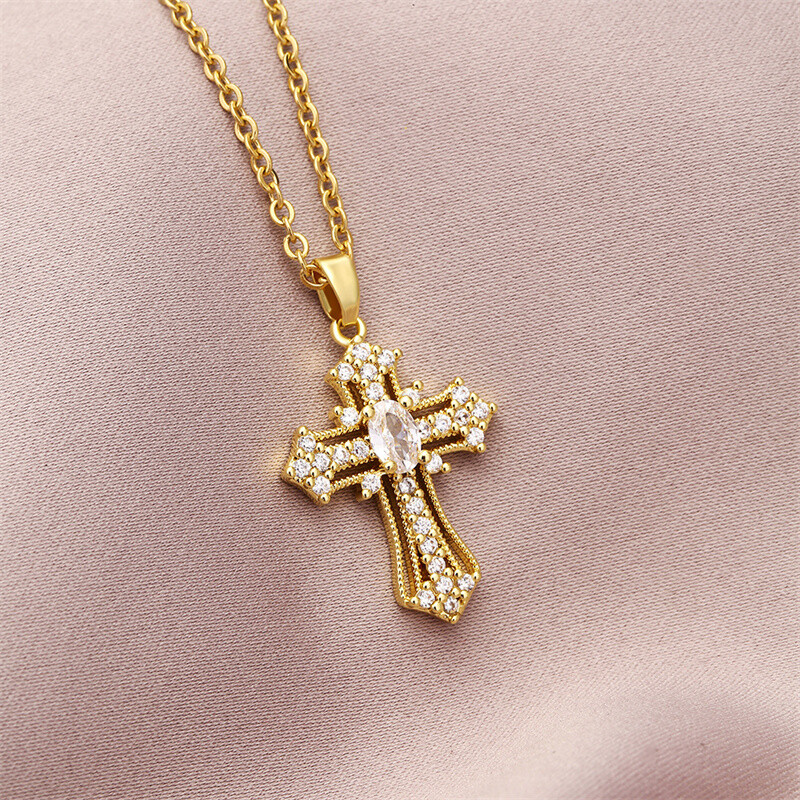 Women’s Fashion Jewelry Cubic Zircon Gold Cross Pendant Personality Necklace