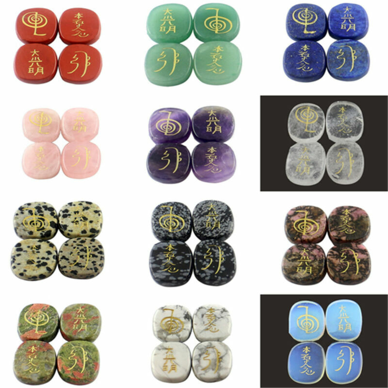 4pcs/Set 7 Chakra Palm Stone Set Engraved Usui Symbols Reiki Crystal Stones