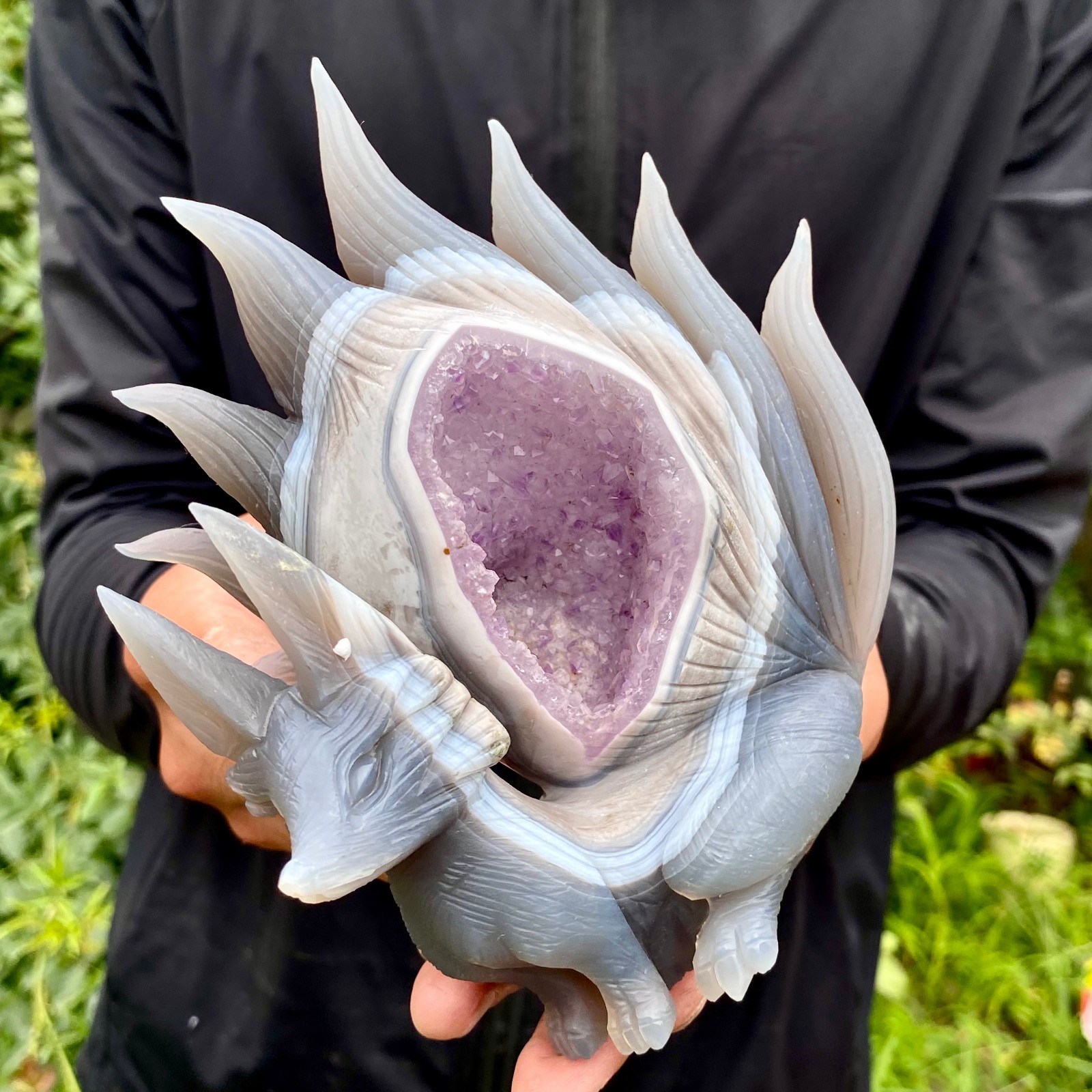 2LB Natural Amethyst Geode Hand Carved Nine-tailed Fox Quartz Crystal Decor